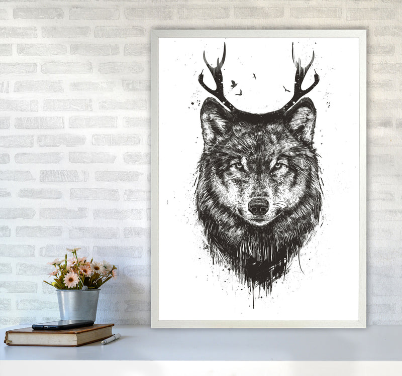 Deer Wolf B&W Animal Art Print by Balaz Solti A1 Oak Frame