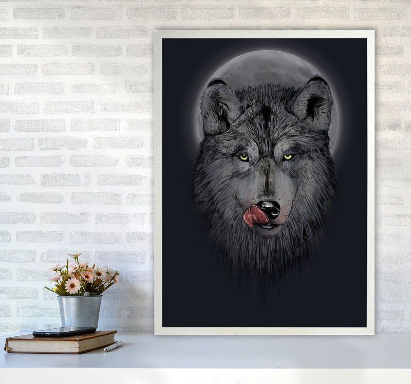 Dinner Time Wolf Night Animal Art Print by Balaz Solti A1 Oak Frame