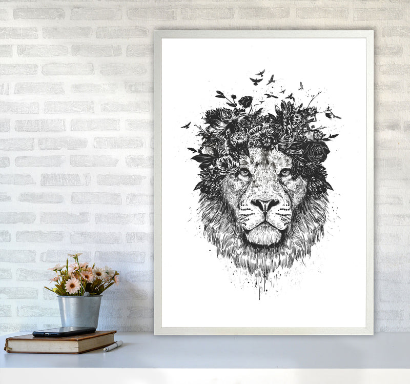 Floral Lion B&W Animal Art Print by Balaz Solti A1 Oak Frame