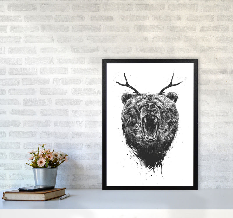 Angry Bear With Antlers Animal Art Print by Balaz Solti A2 White Frame