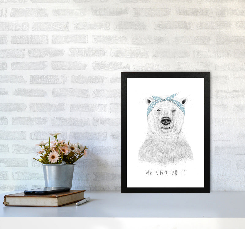 We Can Do It Bear Animal Art Print by Balaz Solti A3 White Frame