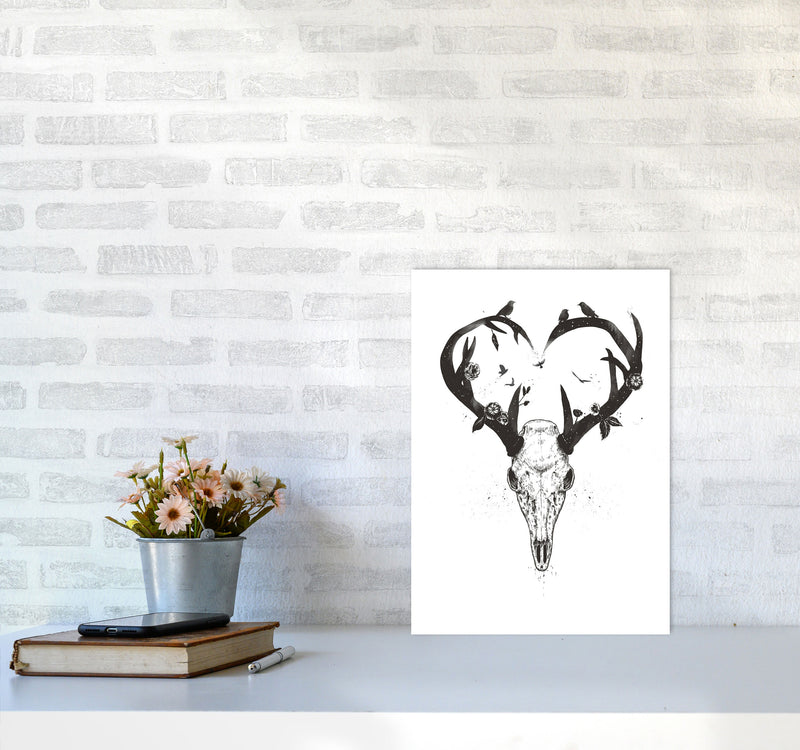 Never-ending Love Deer Skull B&W Animal Art Print by Balaz Solti A3 Black Frame