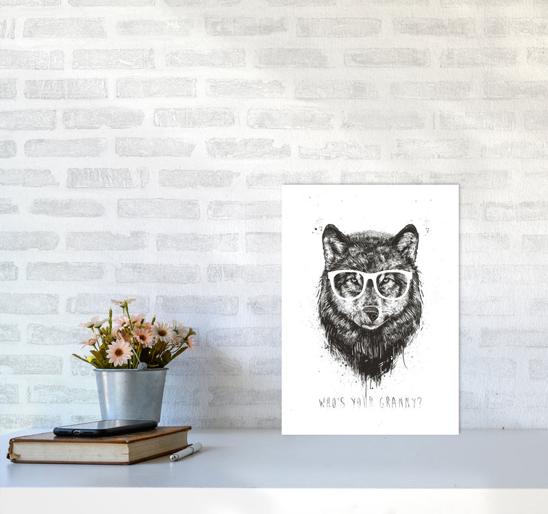 Who's Your Granny? Wolf B&W Animal Art Print by Balaz Solti A3 Black Frame