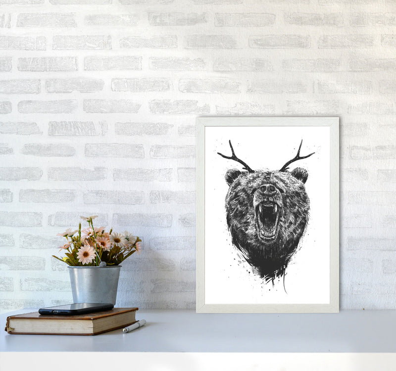 Angry Bear With Antlers Animal Art Print by Balaz Solti A3 Oak Frame