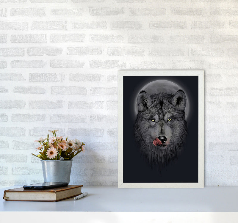 Dinner Time Wolf Night Animal Art Print by Balaz Solti A3 Oak Frame