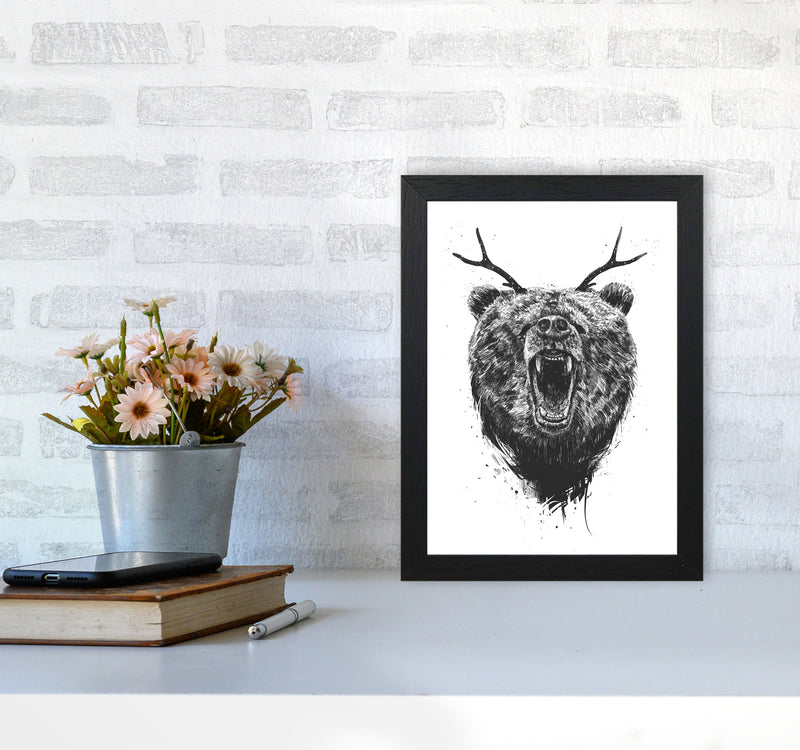 Angry Bear With Antlers Animal Art Print by Balaz Solti A4 White Frame