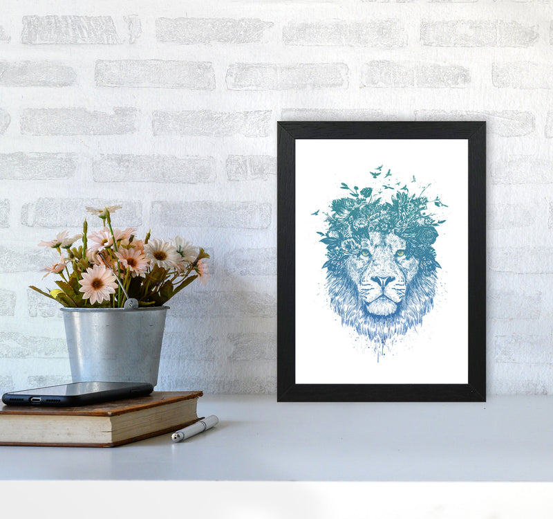 Floral Turquoise Lion Animal Art Print by Balaz Solti A4 White Frame