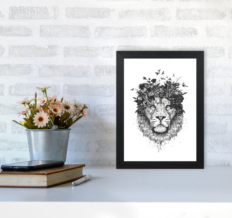 Floral Lion B&W Animal Art Print by Balaz Solti A4 White Frame