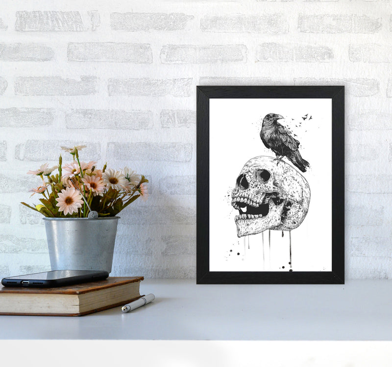 Skull & Raven B&W Animal Art Print by Balaz Solti A4 White Frame