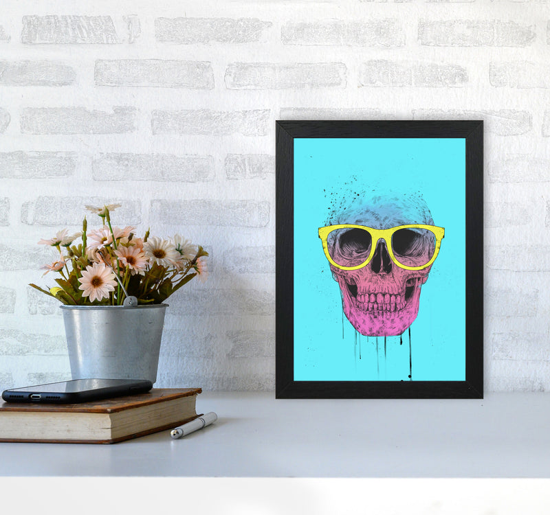 Blue Pop Art Skull With Glasses Art Print by Balaz Solti A4 White Frame