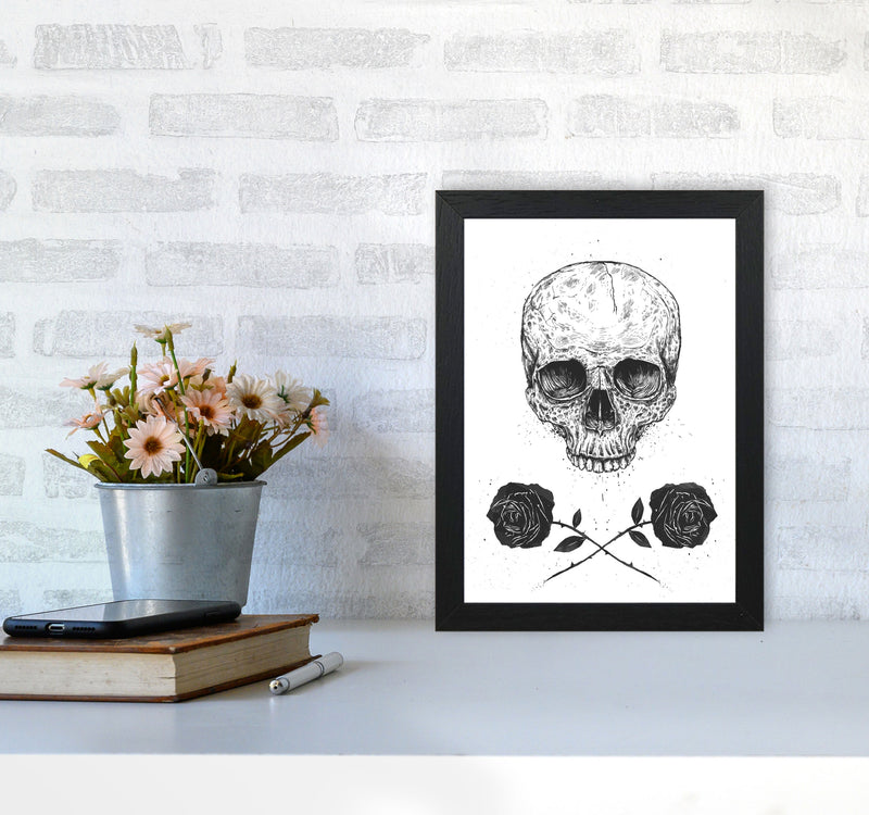 Skull And Roses Gothic Art Print by Balaz Solti A4 White Frame