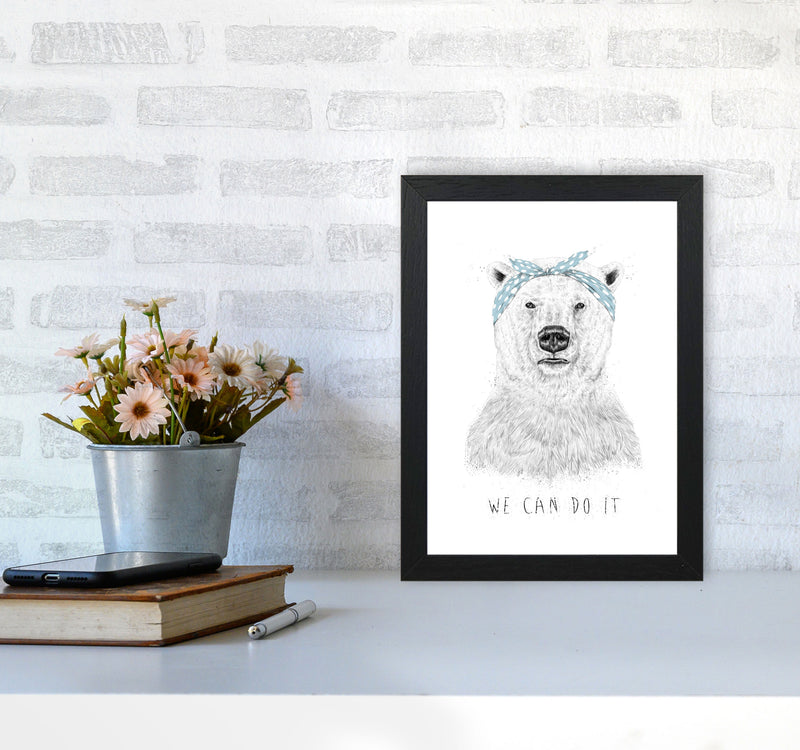 We Can Do It Bear Animal Art Print by Balaz Solti A4 White Frame