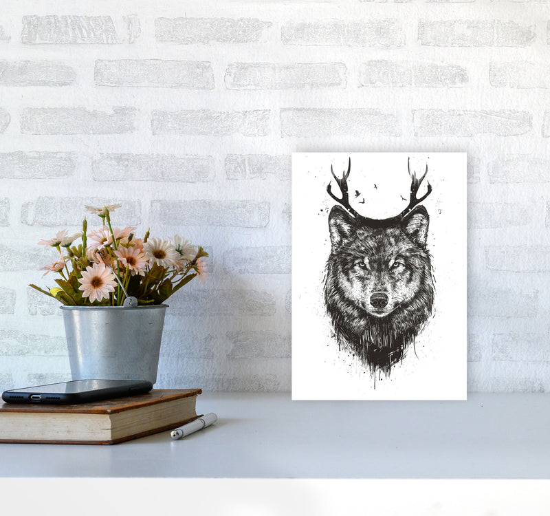 Deer Wolf B&W Animal Art Print by Balaz Solti A4 Black Frame