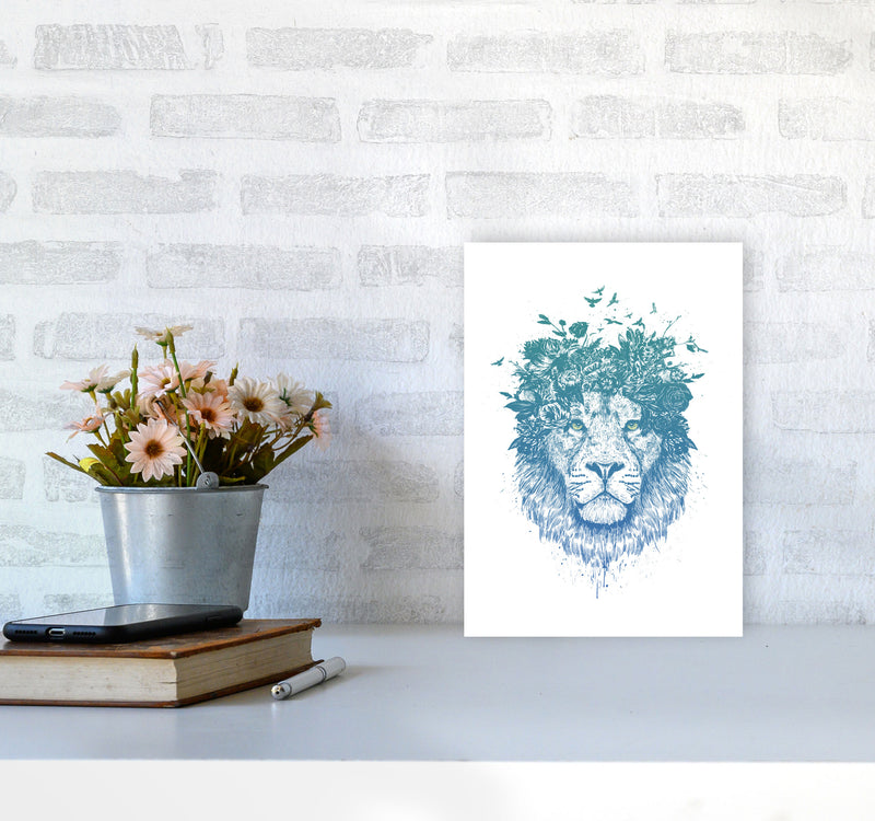 Floral Turquoise Lion Animal Art Print by Balaz Solti A4 Black Frame