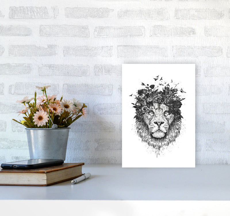 Floral Lion B&W Animal Art Print by Balaz Solti A4 Black Frame