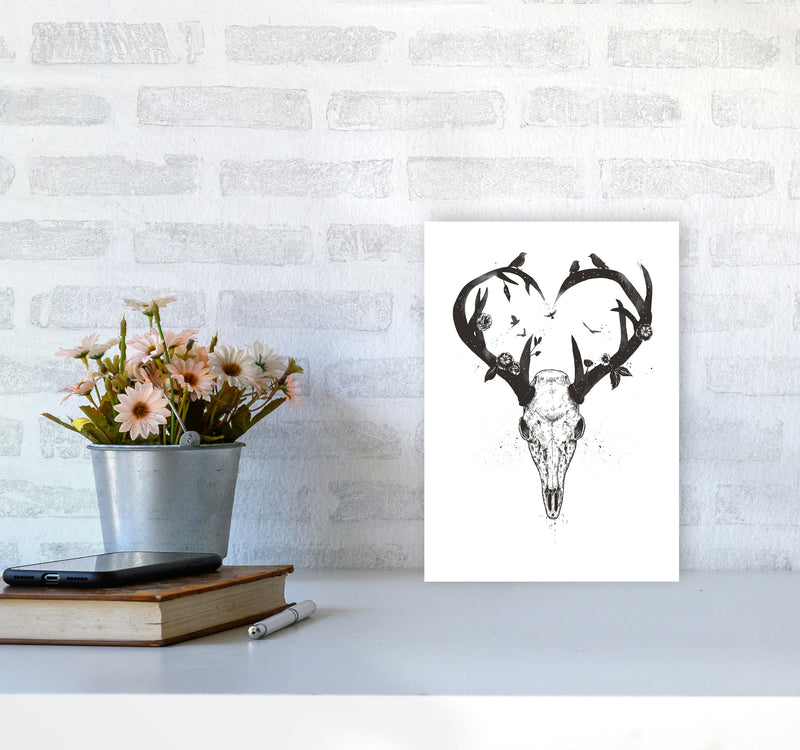 Never-ending Love Deer Skull B&W Animal Art Print by Balaz Solti A4 Black Frame