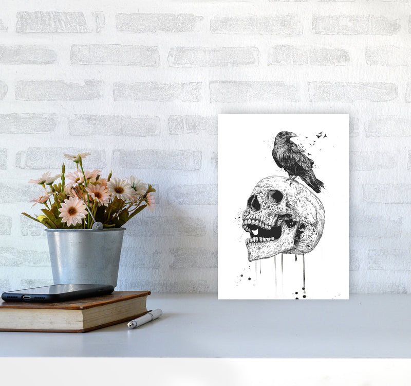 Skull & Raven B&W Animal Art Print by Balaz Solti A4 Black Frame