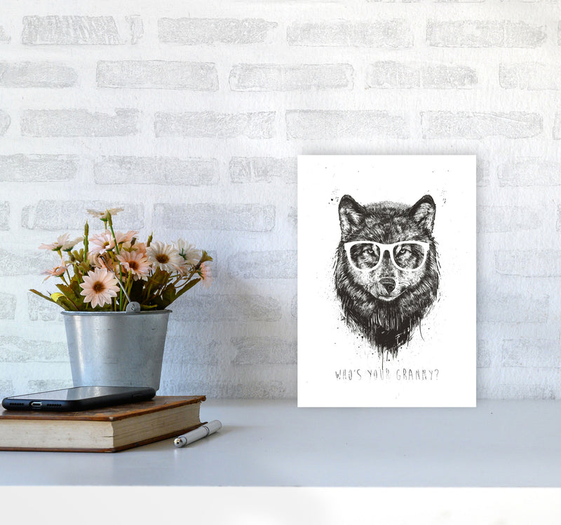 Who's Your Granny? Wolf B&W Animal Art Print by Balaz Solti A4 Black Frame
