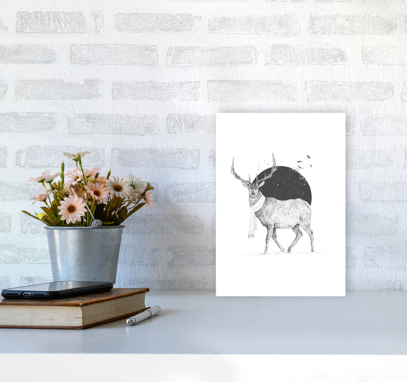 Winter Is All Around Stag Animal Art Print by Balaz Solti A4 Black Frame
