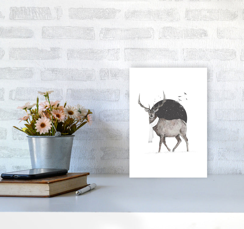 Winter Is All Around Stag Colour Animal Art Print by Balaz Solti A4 Black Frame
