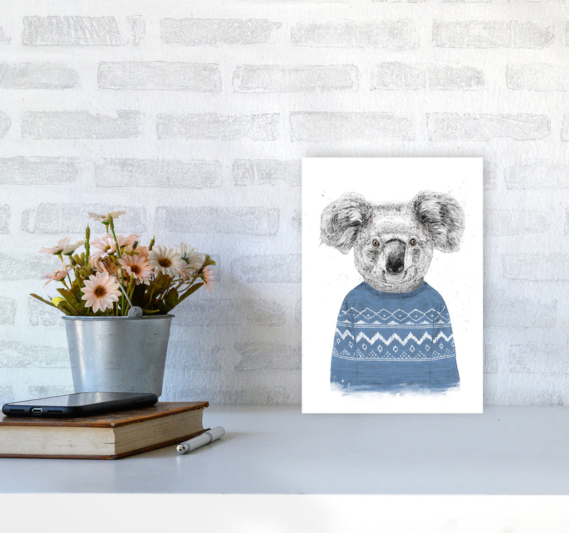 Winter Koala Blue Animal Art Print by Balaz Solti A4 Black Frame