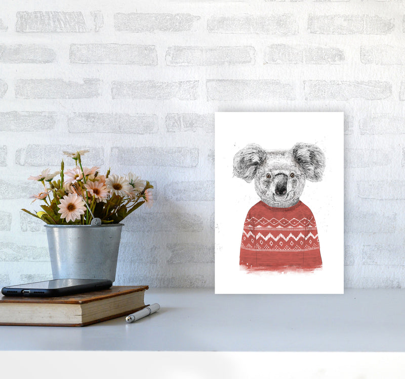 Winter Koala Red Animal Art Print by Balaz Solti A4 Black Frame