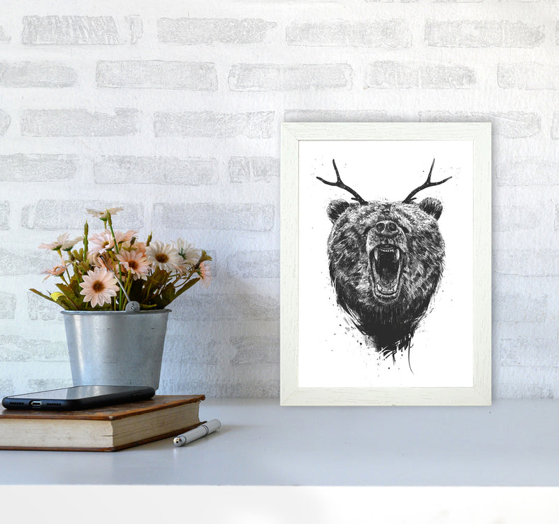 Angry Bear With Antlers Animal Art Print by Balaz Solti A4 Oak Frame