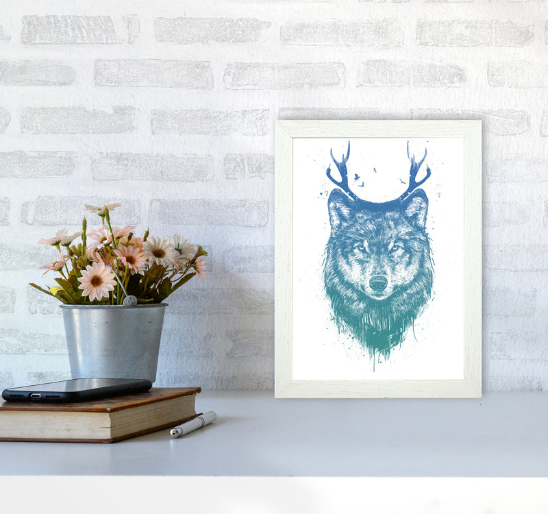 Deer Wolf Animal Art Print by Balaz Solti A4 Oak Frame