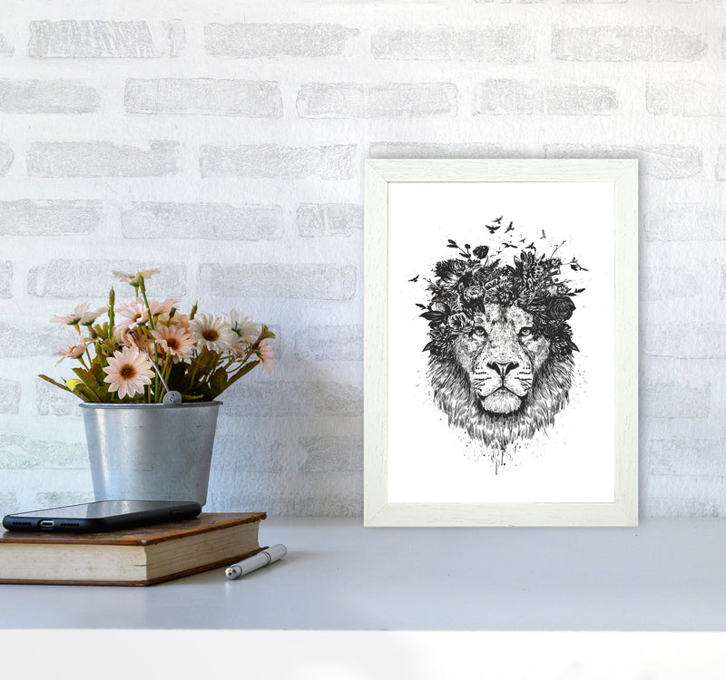 Floral Lion B&W Animal Art Print by Balaz Solti A4 Oak Frame