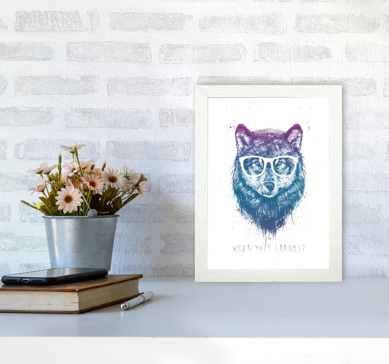 Who's Your Granny? Wolf Colour Animal Art Print by Balaz Solti A4 Oak Frame