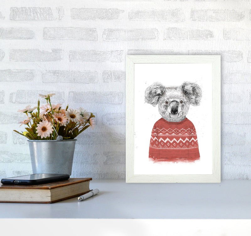 Winter Koala Red Animal Art Print by Balaz Solti A4 Oak Frame
