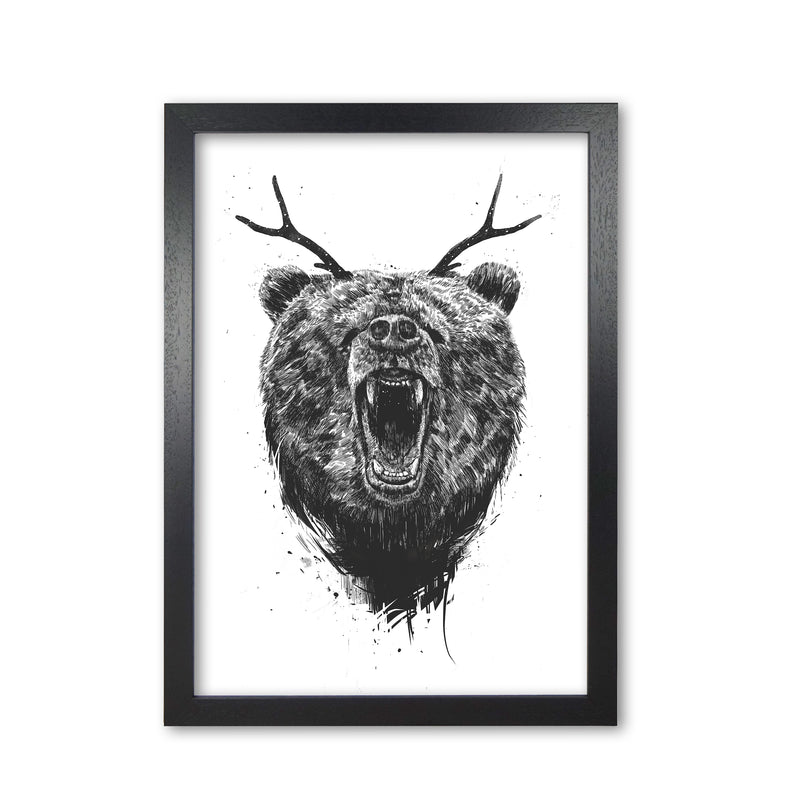 Angry Bear With Antlers Animal Art Print by Balaz Solti Black Grain