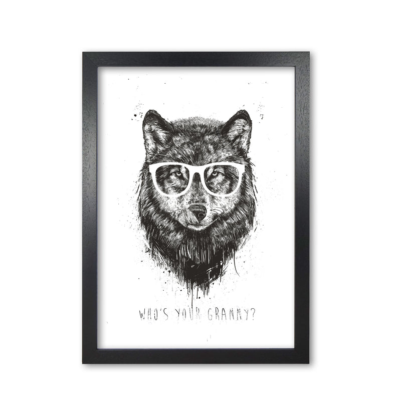 Who's Your Granny? Wolf B&W Animal Art Print by Balaz Solti Black Grain