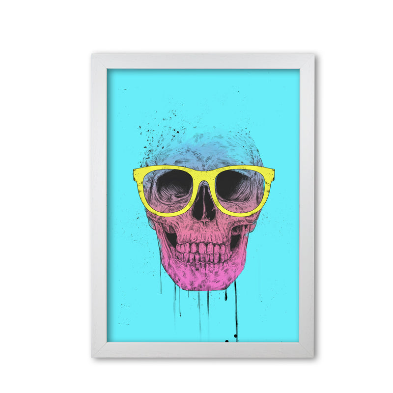 Blue Pop Art Skull With Glasses Art Print by Balaz Solti White Grain