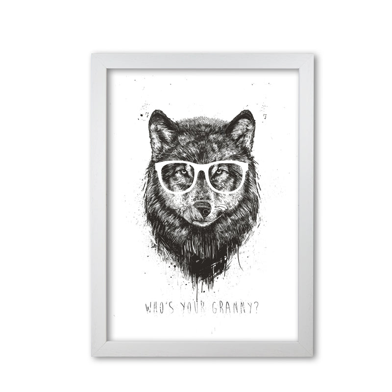 Who's Your Granny? Wolf B&W Animal Art Print by Balaz Solti White Grain