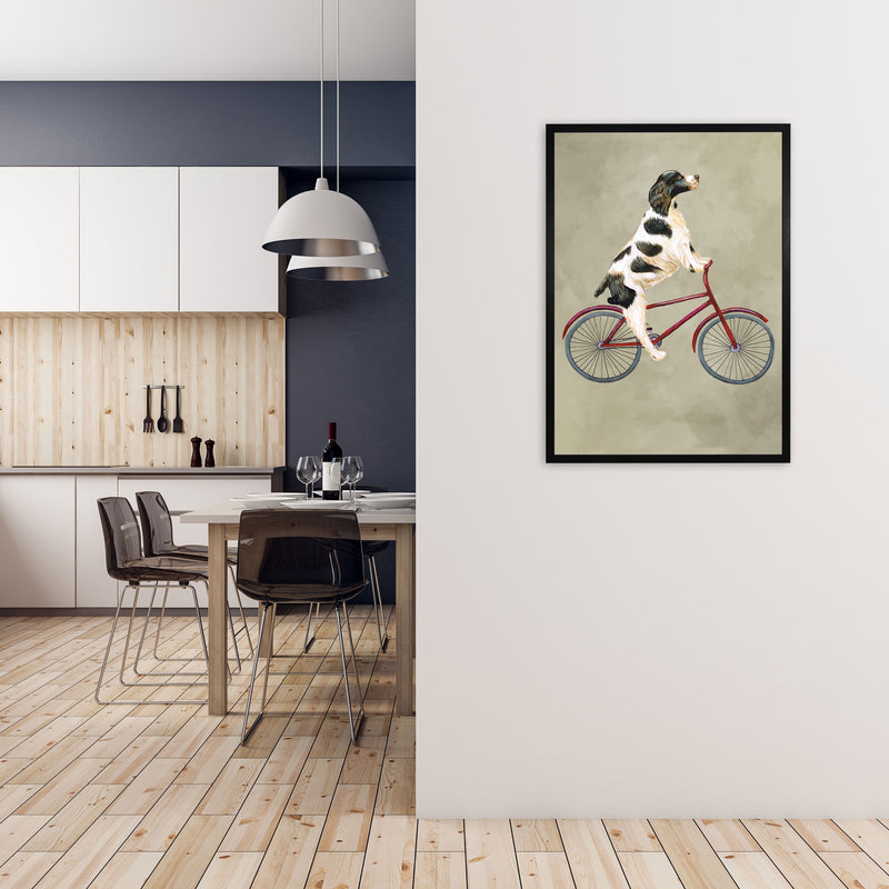 English Springer On Bicycle Art Print by Coco Deparis A1 White Frame