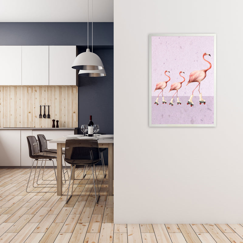 Flamingos Rollerskate Familly Art Print by Coco Deparis A1 Oak Frame