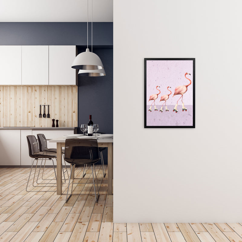 Flamingos Rollerskate Familly Art Print by Coco Deparis A2 White Frame