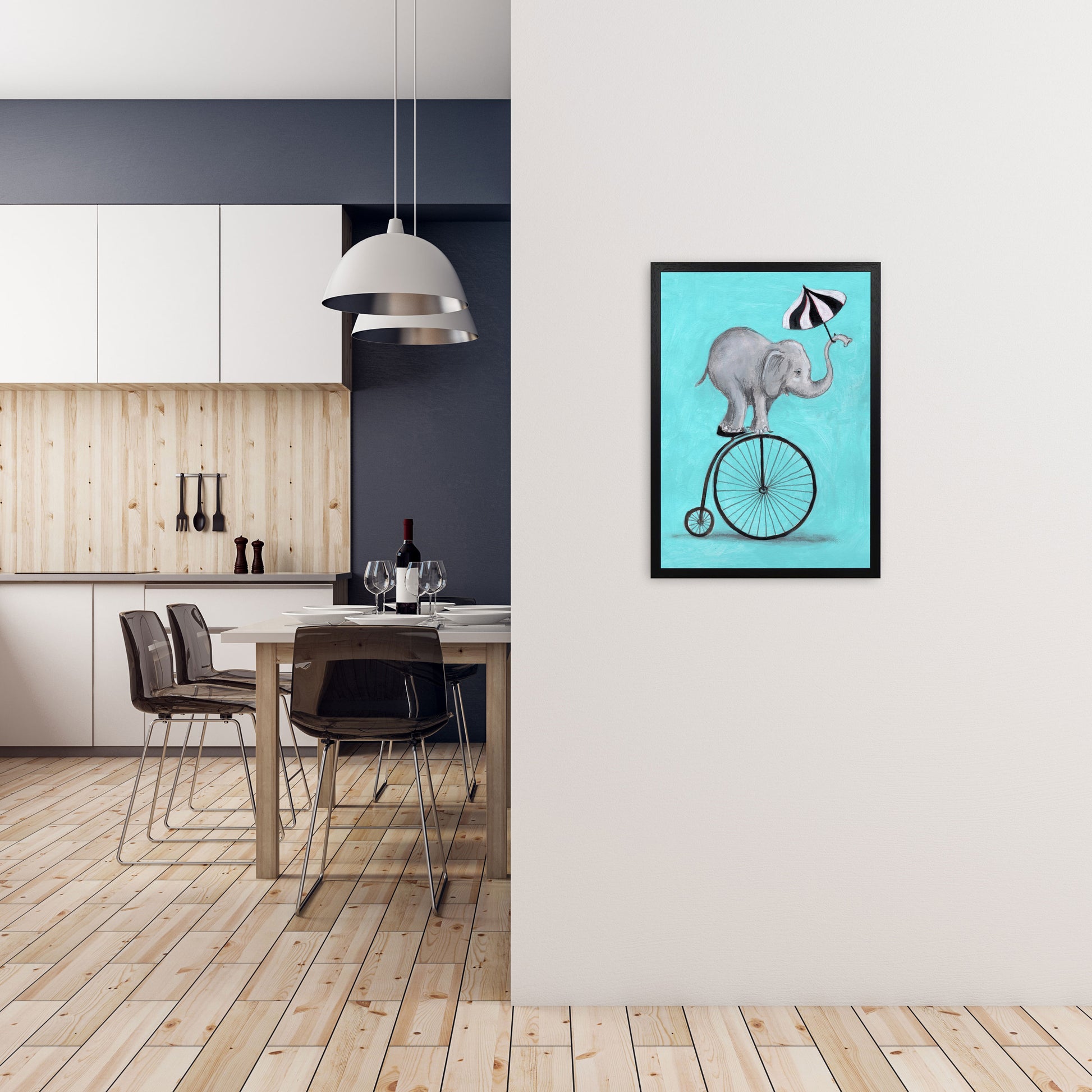 Elephant With Umbrella Art Print by Coco Deparis A2 White Frame