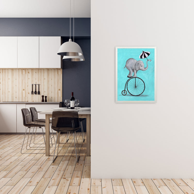 Elephant With Umbrella Art Print by Coco Deparis A2 Oak Frame