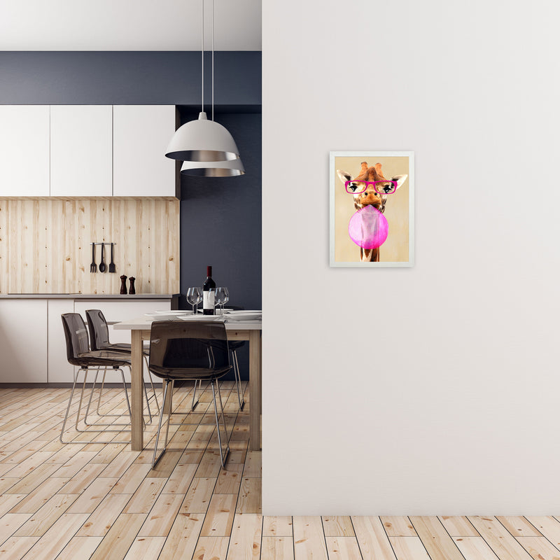 Clever Giraffe With Bubblegum Art Print by Coco Deparis A3 Oak Frame