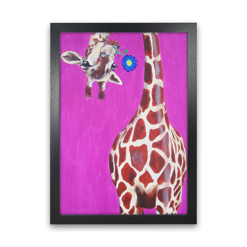 Giraffe With Blue Flower Art Print by Coco Deparis Black Grain