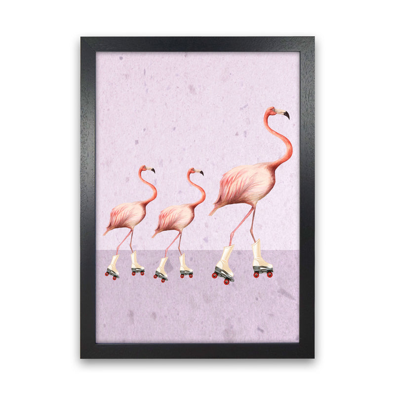 Flamingos Rollerskate Familly Art Print by Coco Deparis Black Grain