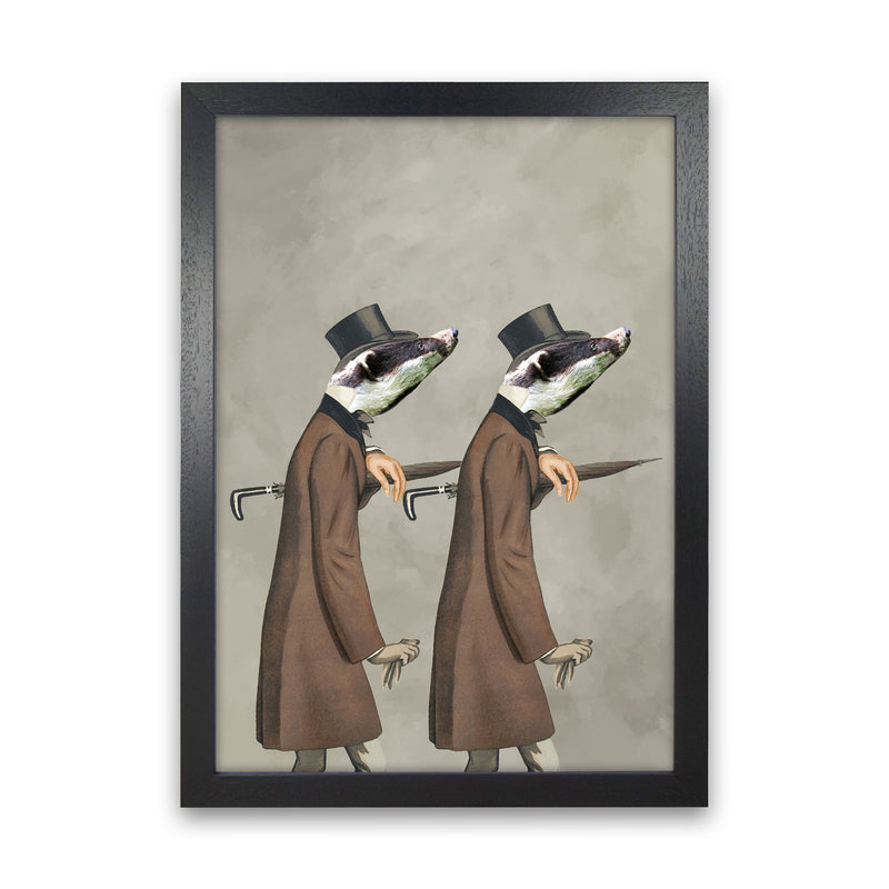 Badgers With Umbrellas Art Print by Coco Deparis Black Grain