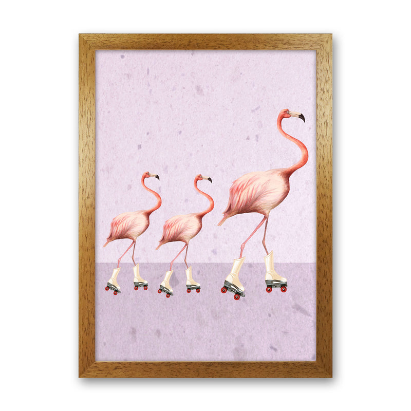 Flamingos Rollerskate Familly Art Print by Coco Deparis Oak Grain