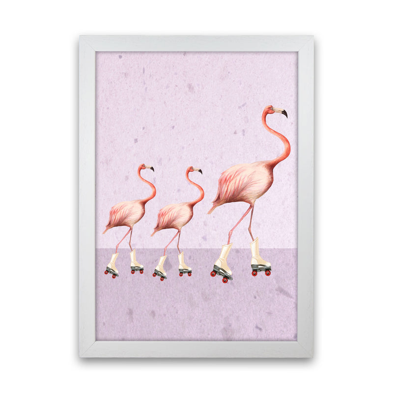 Flamingos Rollerskate Familly Art Print by Coco Deparis White Grain