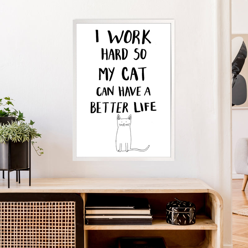 I Work Hard Cat Art Print by Carissa Tanton A1 Oak Frame