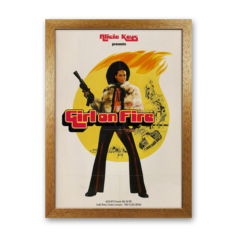 Girl on Fire by David Redon Retro Music Poster Framed Wall Art Print Oak Grain