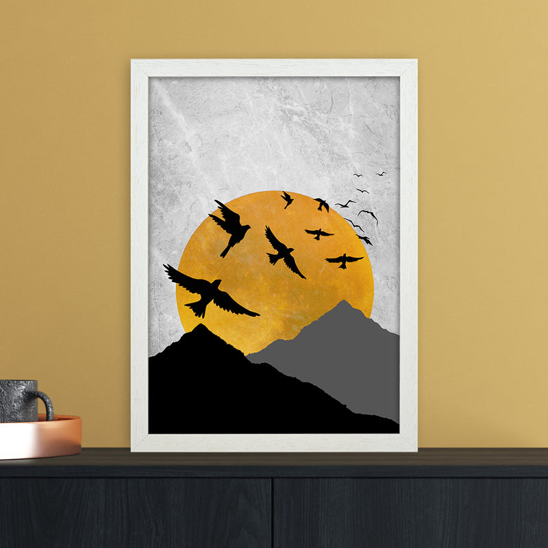 The Sunset Mountain Bird Flying Art Print by Essentially Nomadic A3 Oak Frame