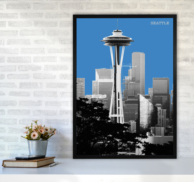 Halftone Seattle Blue Art Print by Jason Stanley A1 White Frame